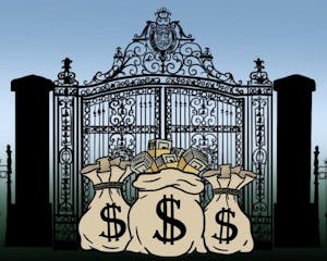 Illustration of bags of money in front of a silhouette of the Van Wickle Gates
