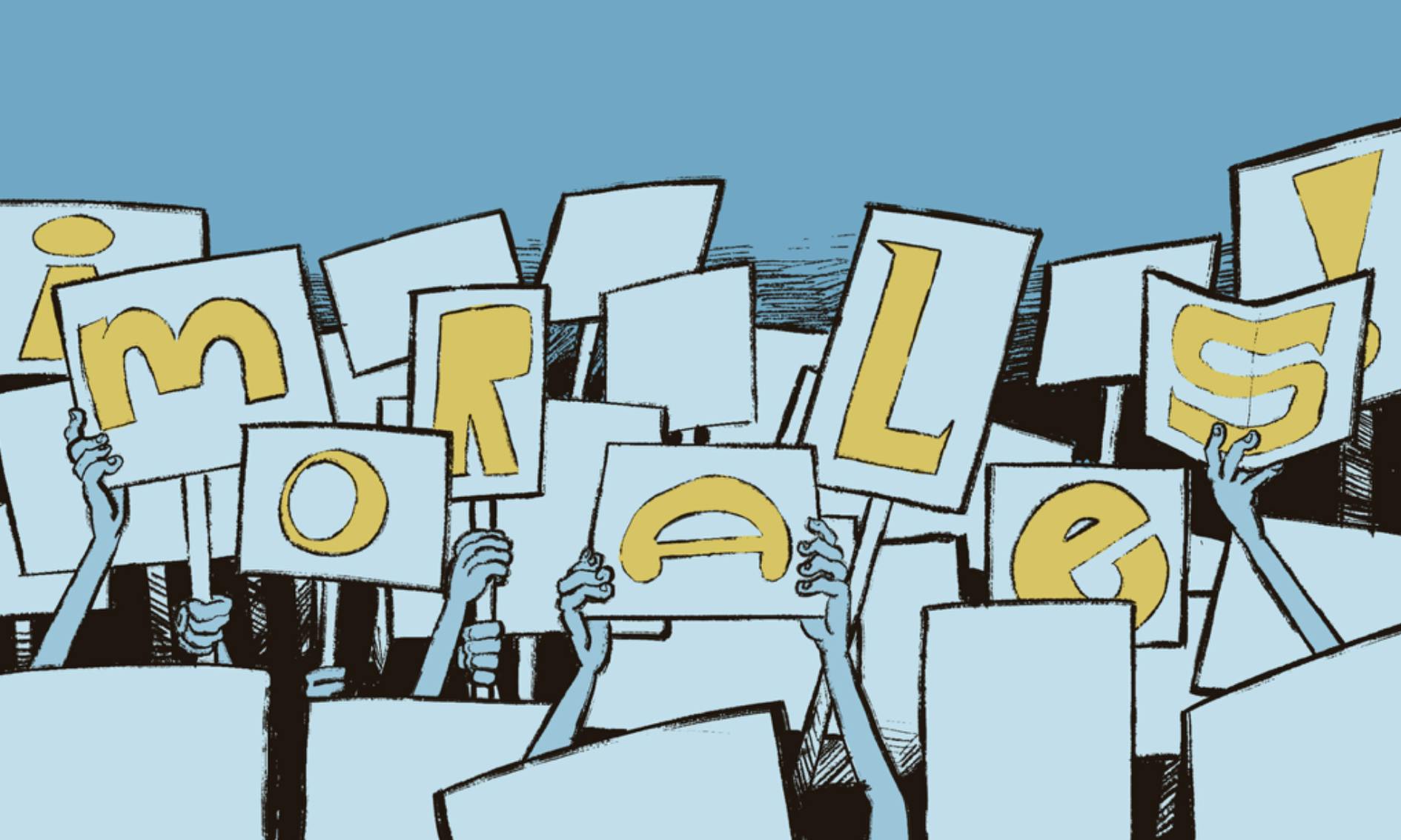 Illustration of hands holding up signs with the letters to spell "Morales."