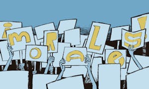 Illustration of hands holding up signs with the letters to spell "Morales."