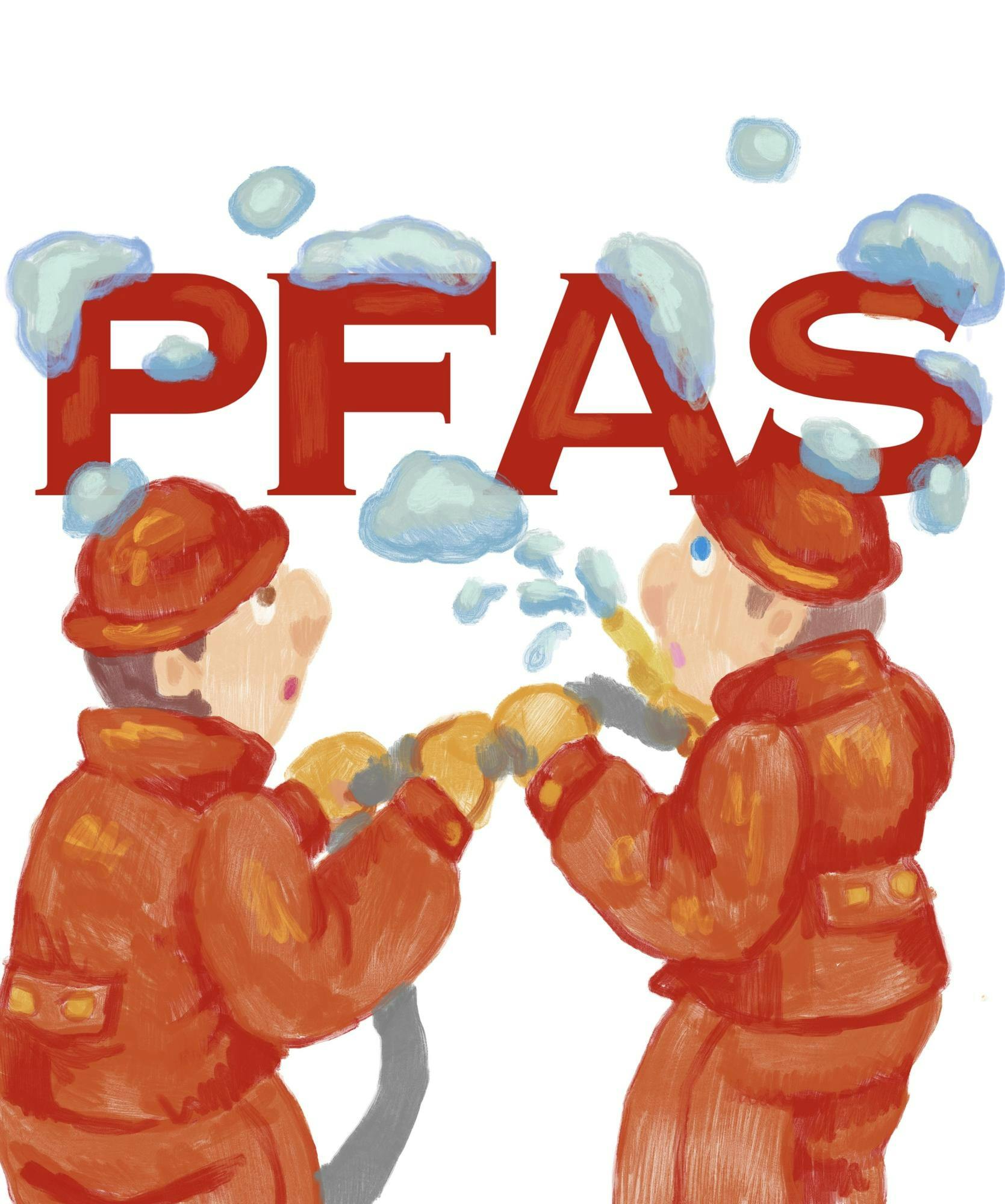 Two firefighters with their hose staring up at a large sign that says PFA.