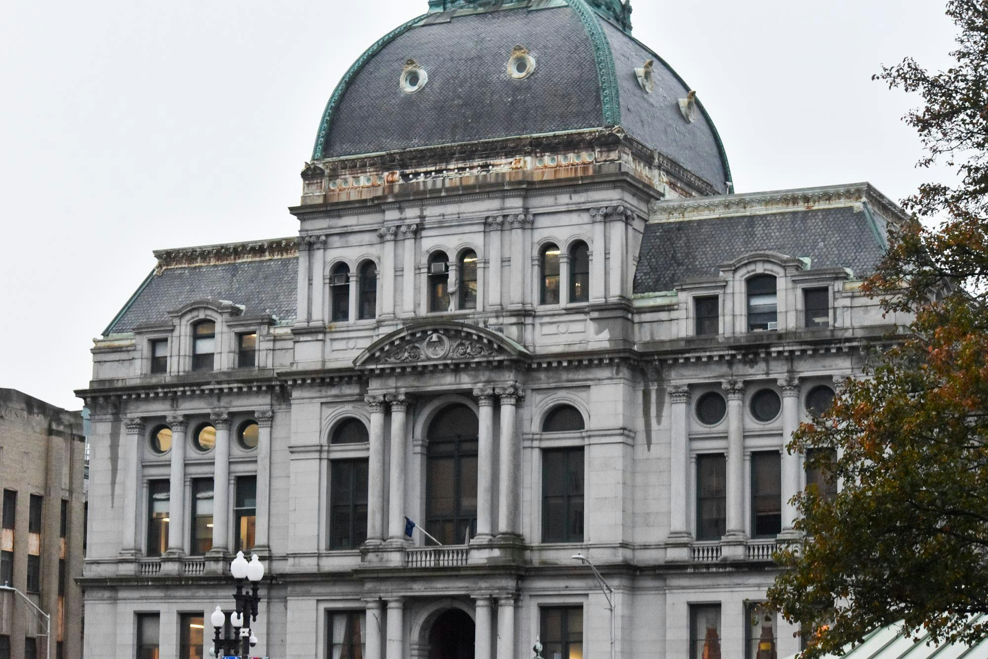 A photo of the top half of Providence City Hall.