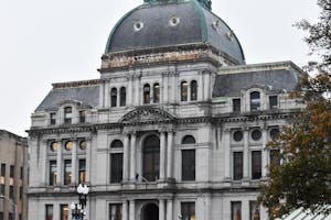 A photo of the top half of Providence City Hall.