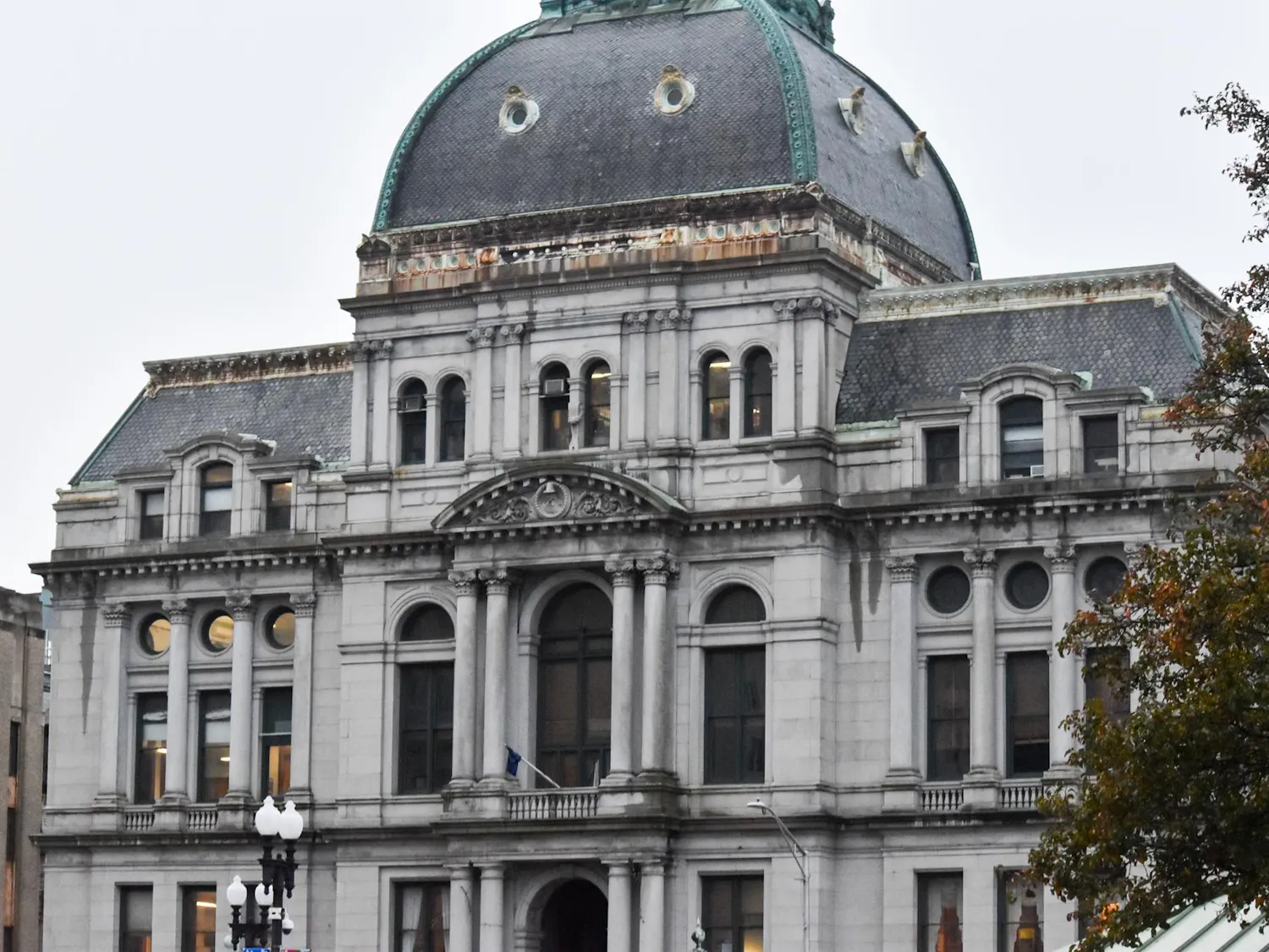 A photo of the top half of Providence City Hall.