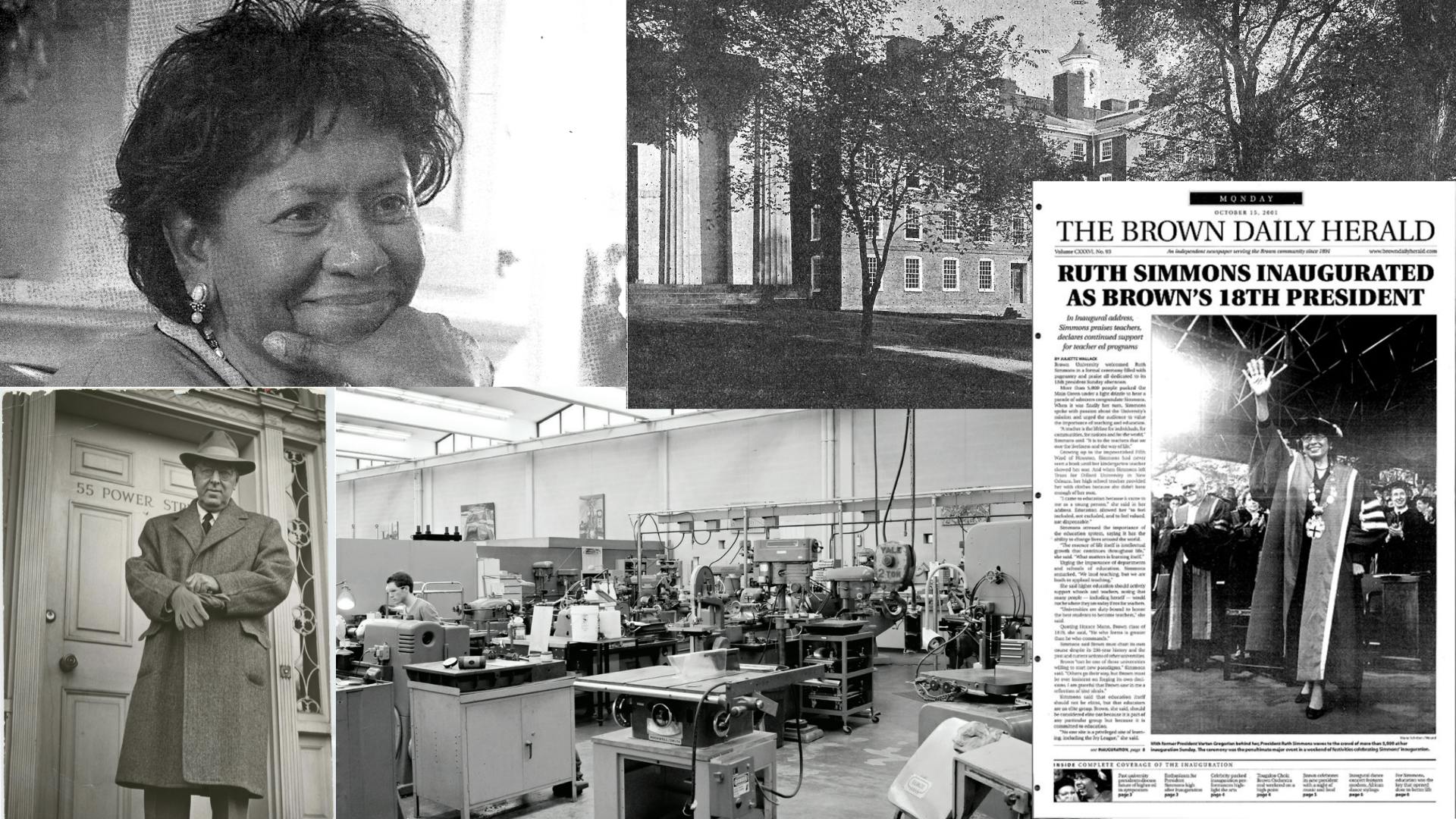 A collage of archival Brown photos, including of former President Ruth J. Simmons and a lab at Brown. 