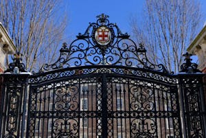 A photo of the Van Wickle Gates covered in snow.