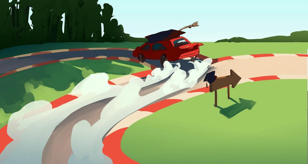 Illustration of a speedy car wearing a mortarboard on a diverging race track, making a rapid turn towards the less-trodden path.