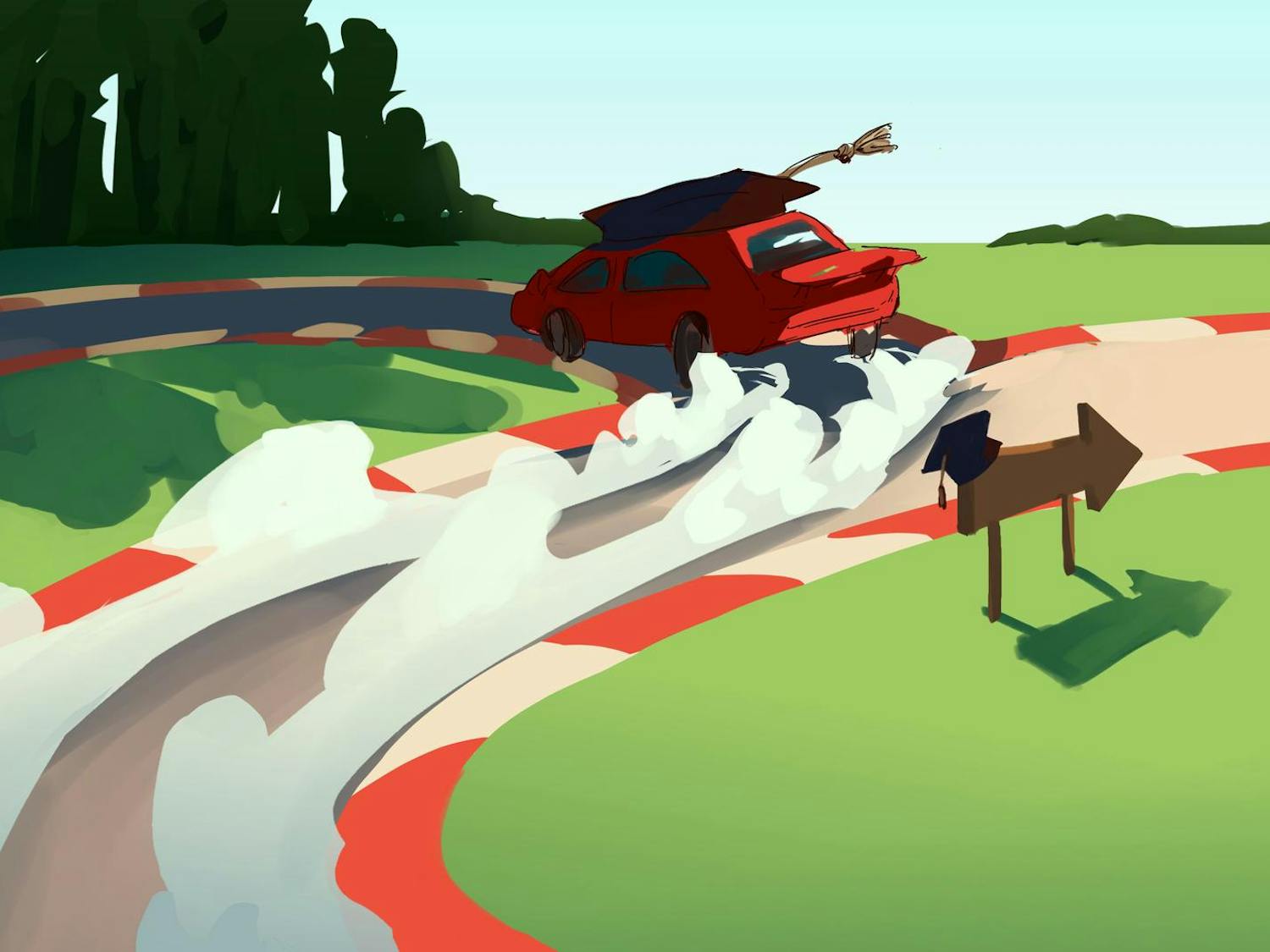 Illustration of a speedy car wearing a mortarboard on a diverging race track, making a rapid turn towards the less-trodden path.