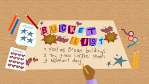 An illustration of a person's hand holding a pencil and writing a "Bucket List."