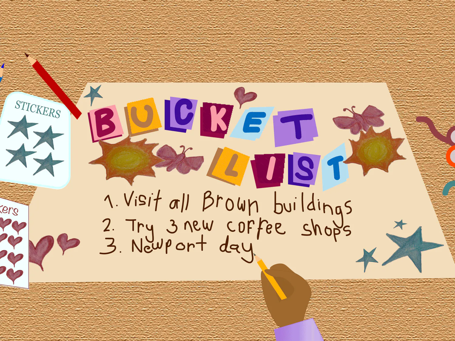 An illustration of a person's hand holding a pencil and writing a "Bucket List."