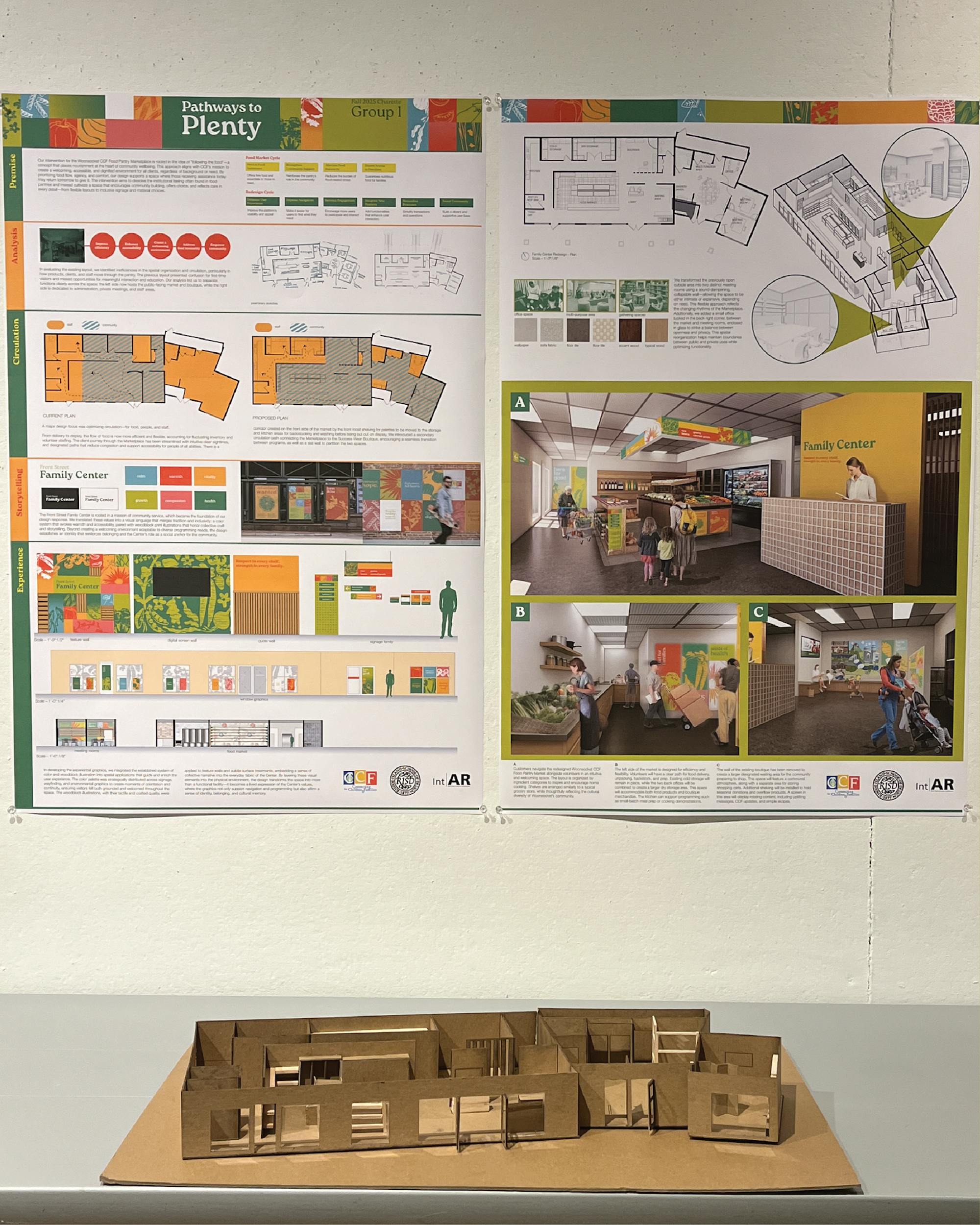 Photo of plans for the marketplace with an architecture model in front of them.