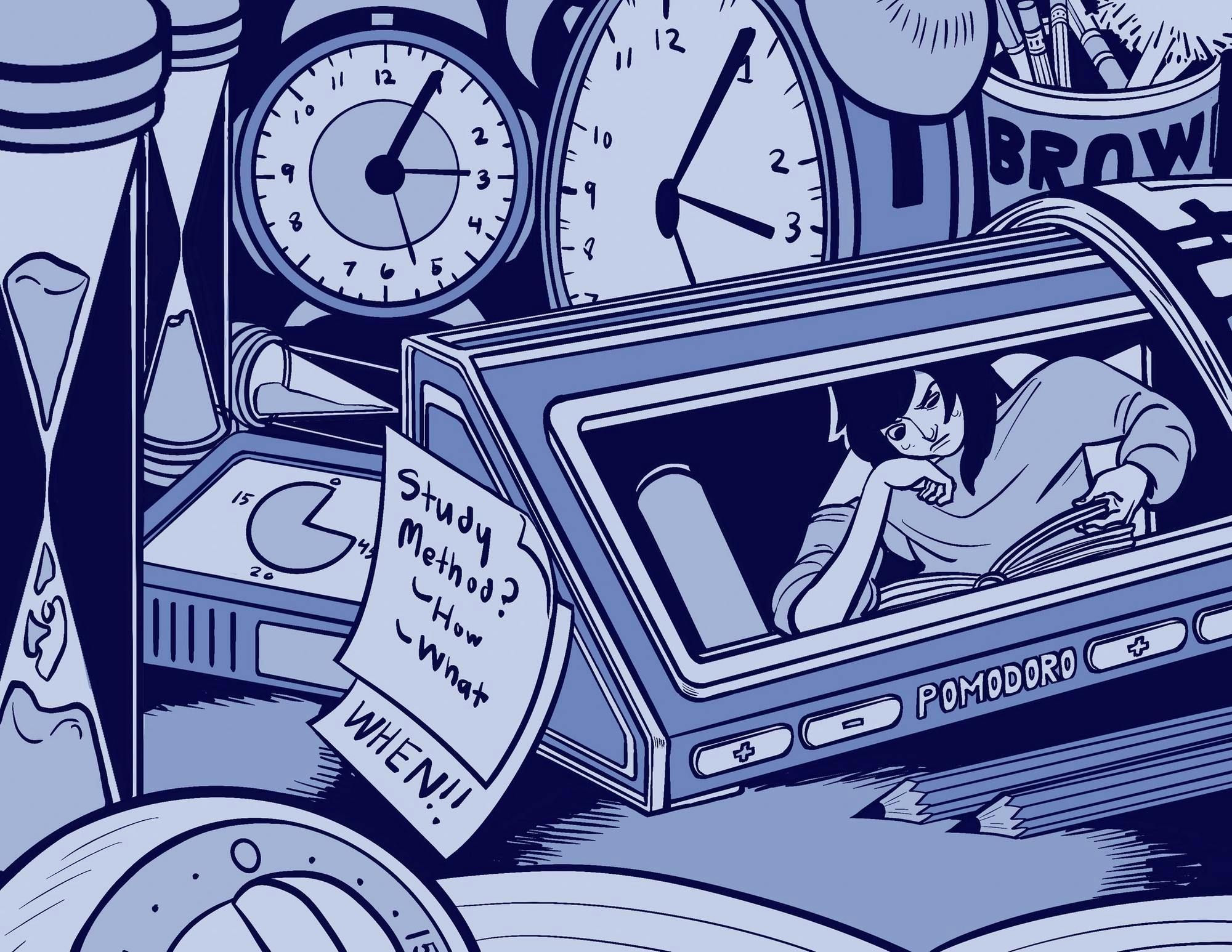 Illustration of a student studying displayed on a screen, surrounded by clocks.