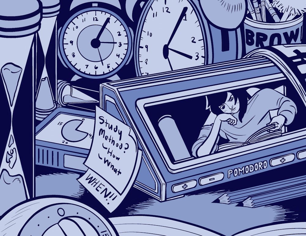 Illustration of a student studying displayed on a screen, surrounded by clocks.