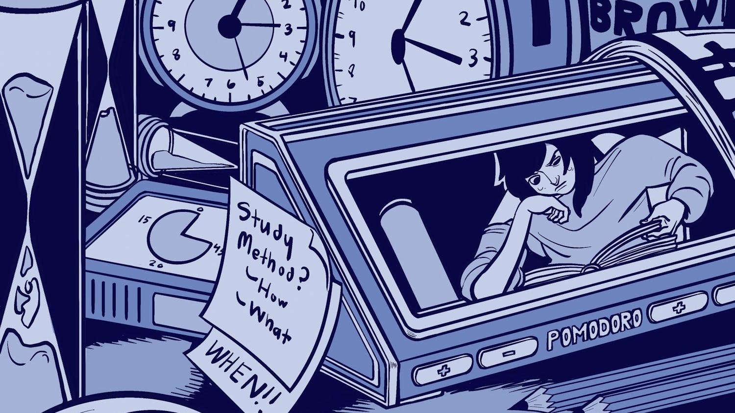 Illustration of a student studying displayed on a screen, surrounded by clocks.