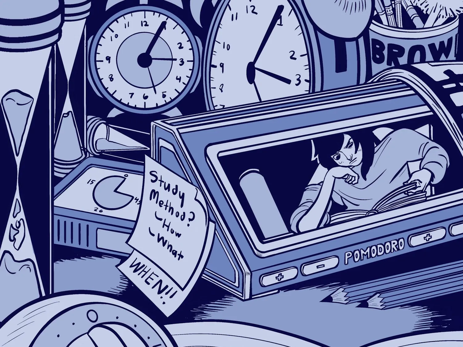 Illustration of a student studying displayed on a screen, surrounded by clocks.