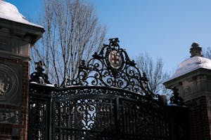 Photo of the top of the Van Wickle Gates covered in snow.

