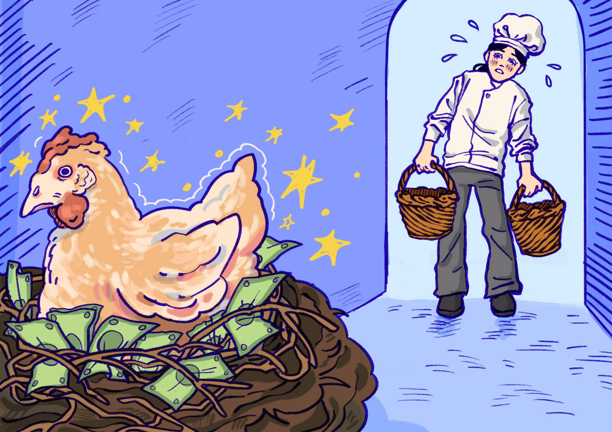 A baker looks at a hen sitting on a nest of cash.