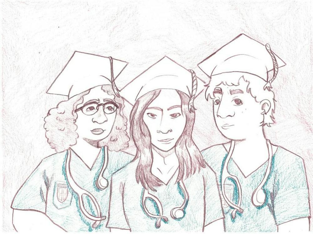 An illustration of three nurses wearing graduation caps. The nurses are wearing teal scrubs and stethoscopes around their necks. An illustration of three nurses wearing graduation caps. The nurses are wearing teal scrubs and stethoscopes around their necks.
