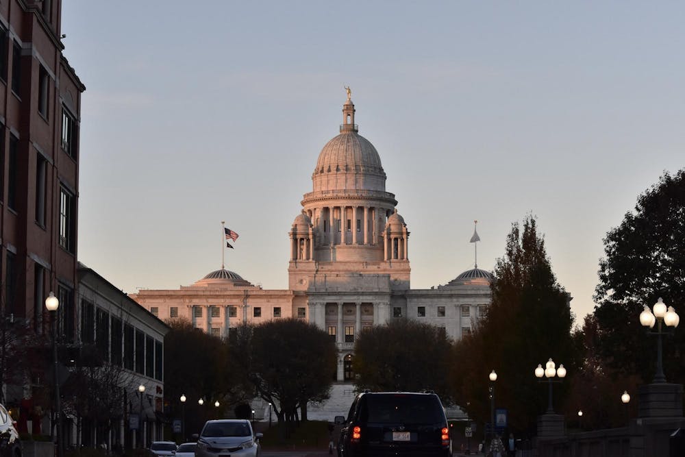 Sunset photo of the Rhode Island statehouse. 
