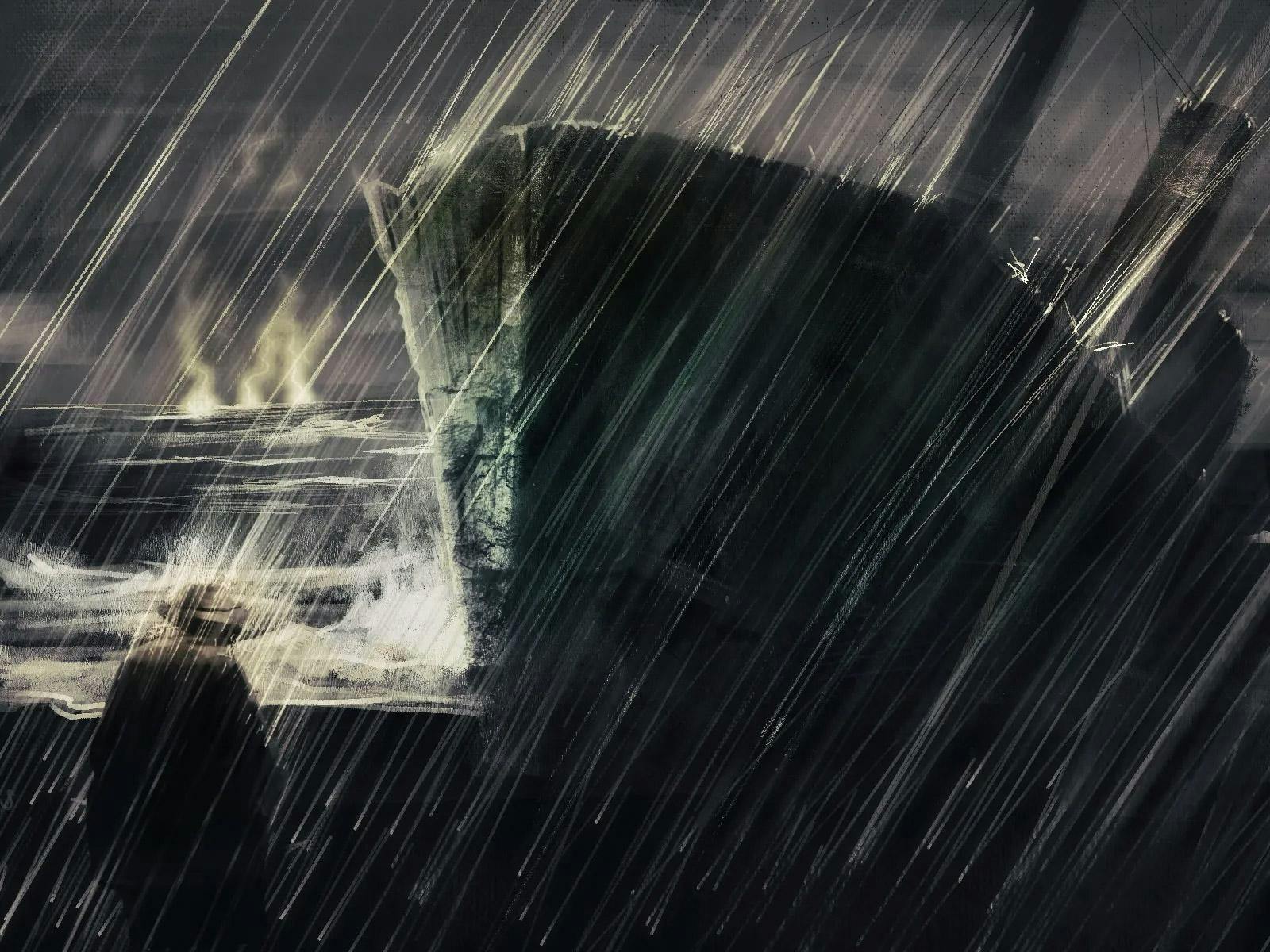 An illustration of a man looking at a ship during a storm.