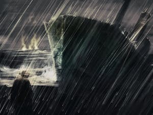 An illustration of a man looking at a ship during a storm.