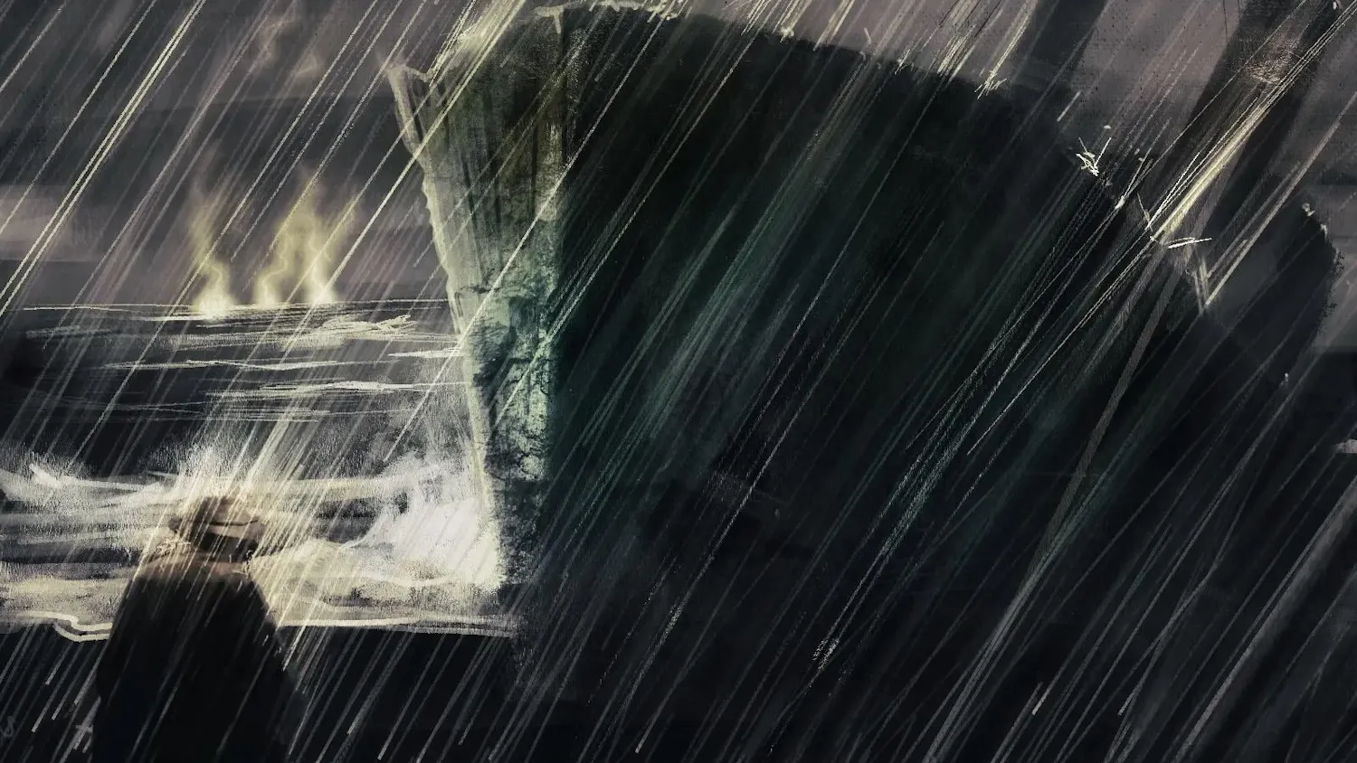 An illustration of a man looking at a ship during a storm.