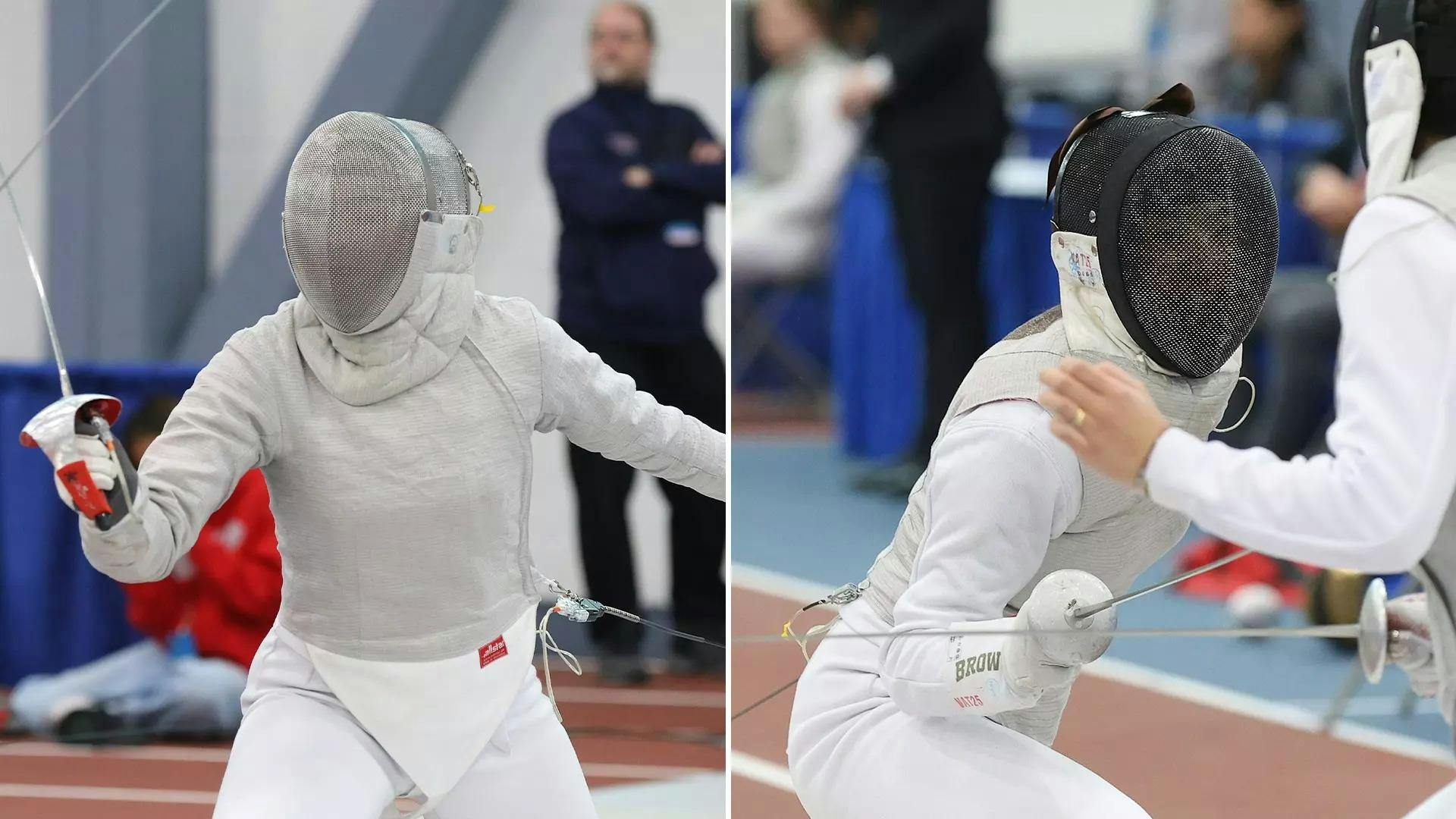 A picture of Jessie Chen (right) and Soph Bililies (left) in their fencing attire at the NCAA championships.
