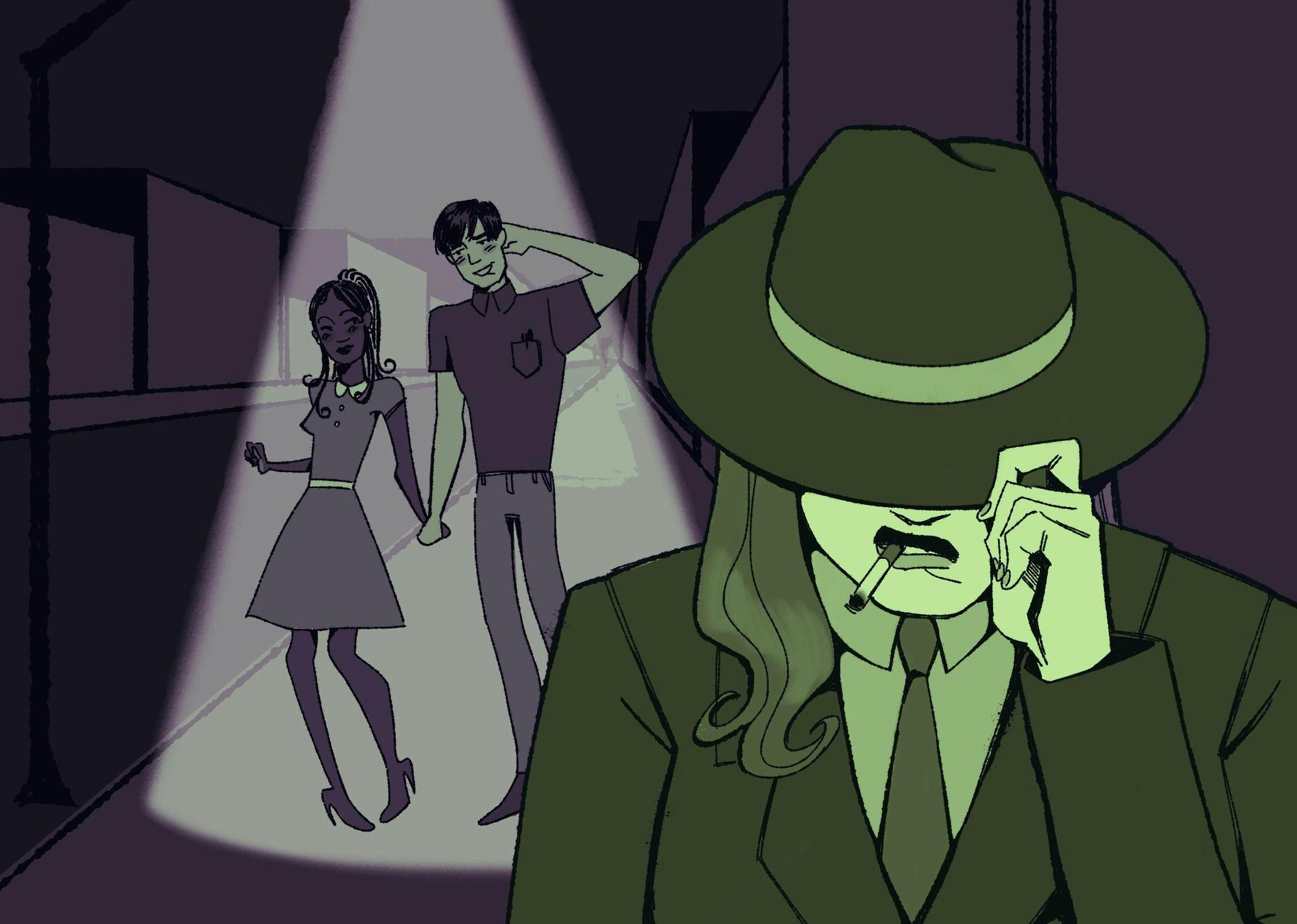 An illustration of a woman wearing a fedora and suit that is smoking a cigarette in the foreground. In the background, a woman and man are holding hands under a spotlight.