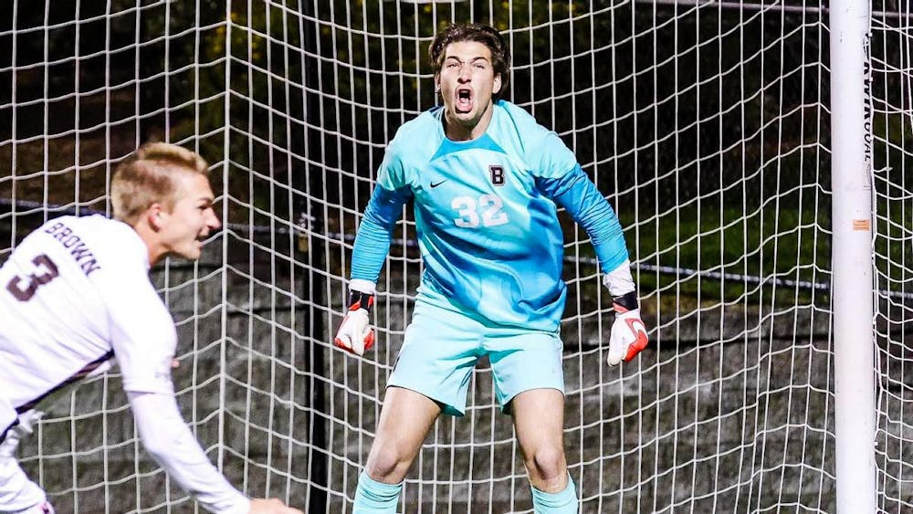 <p>Goalkeeper Hudson Blatteis ’24 made a critical penalty save in a physical contest with few chances for either side. Courtesy of Brown Athletics.</p>