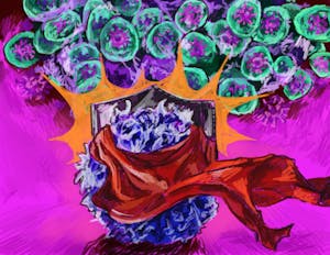 An illustration shows a blue CD8+ T cell with a red cape and shield fighting off virus-infected cells.  