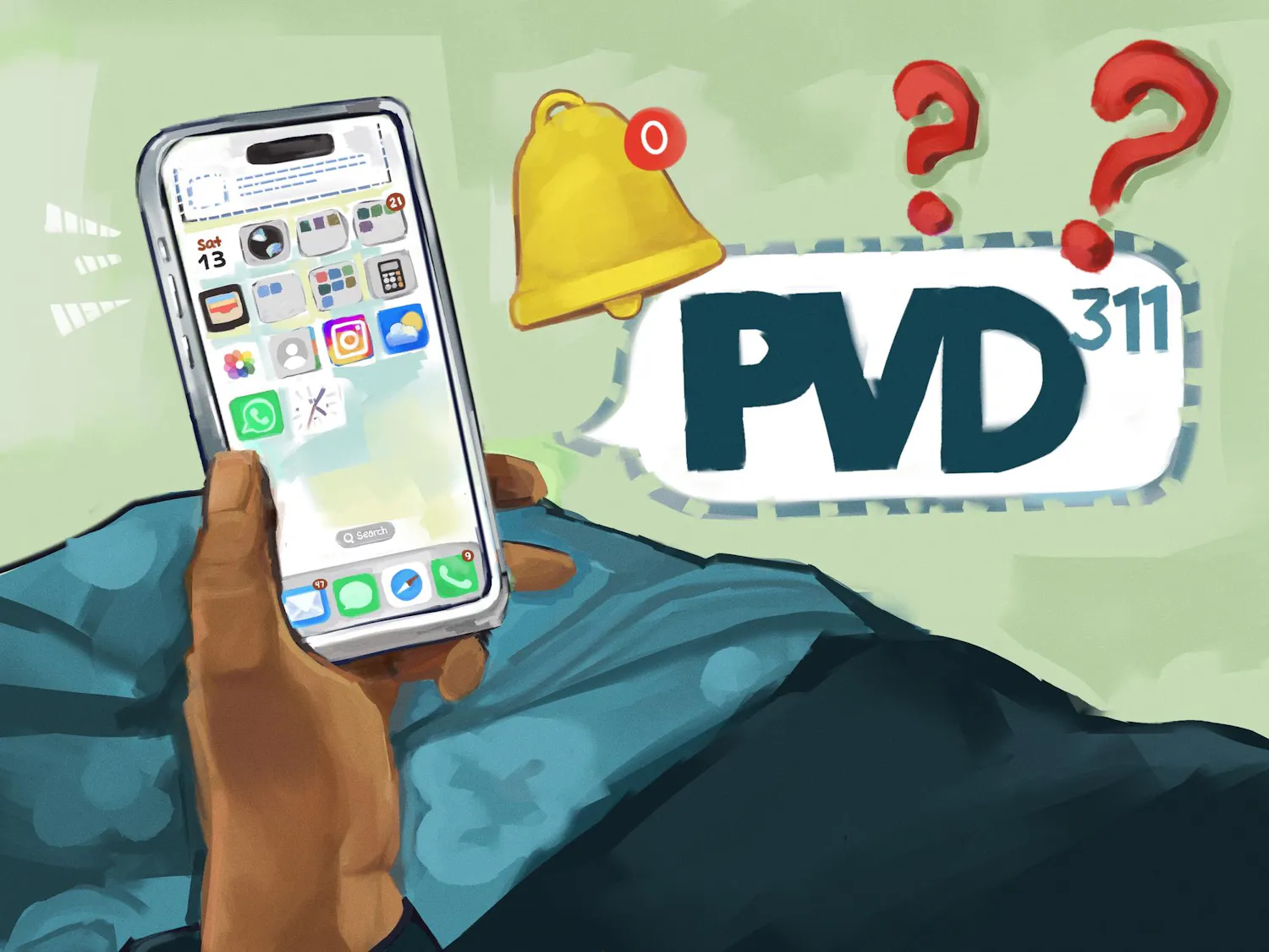 An illustration of a hand holding a smartphone, which displays a homescreen of apps. A speech bubble coming from the smartphone reads "PVD311" with a bell icon and two question marks.