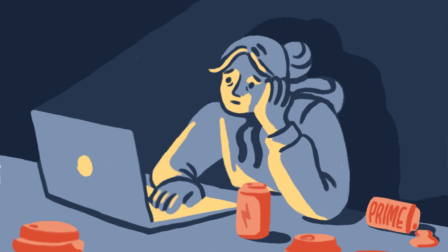 An illustration of a woman tired and staring at a computer screen in the dark. She has visible eye bags, and there are numerous energy drink cans surrounding her.