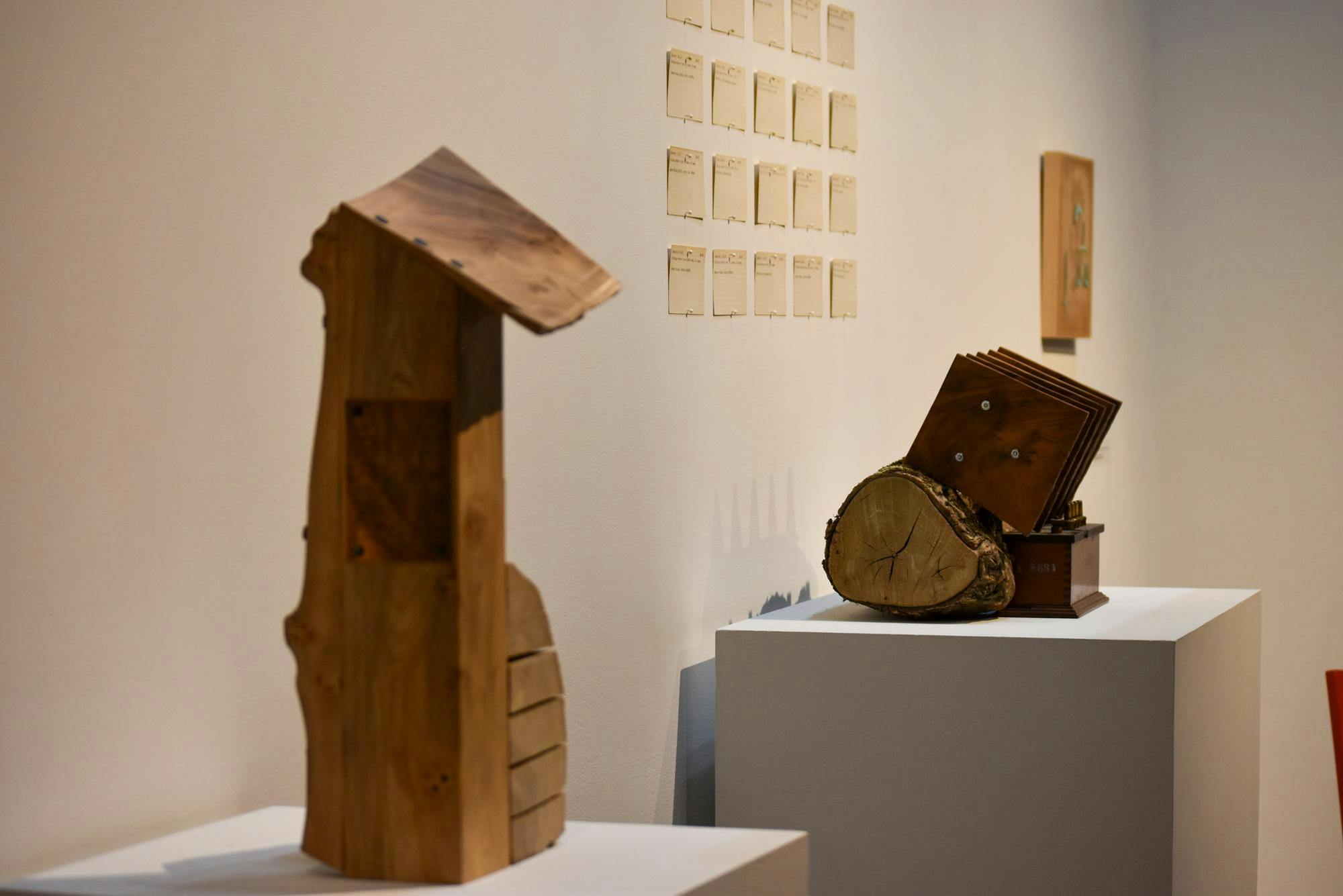 Photo of a wooden statue in the foreground blurred and another wooden structure in the background that consists of a log and multiple wooden squares inserted into it parallel. Several small paper notes arranged neatly on the wall behind.