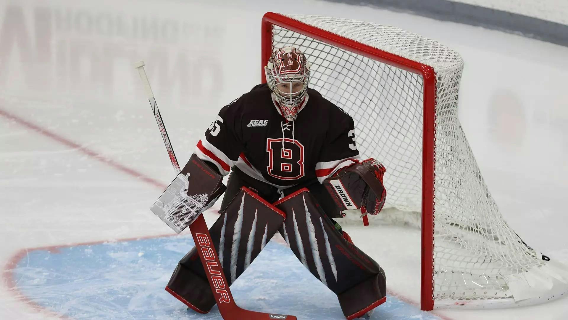 Picture of Rory Edwards '27 guarding the goal at a women's ice hockey game.