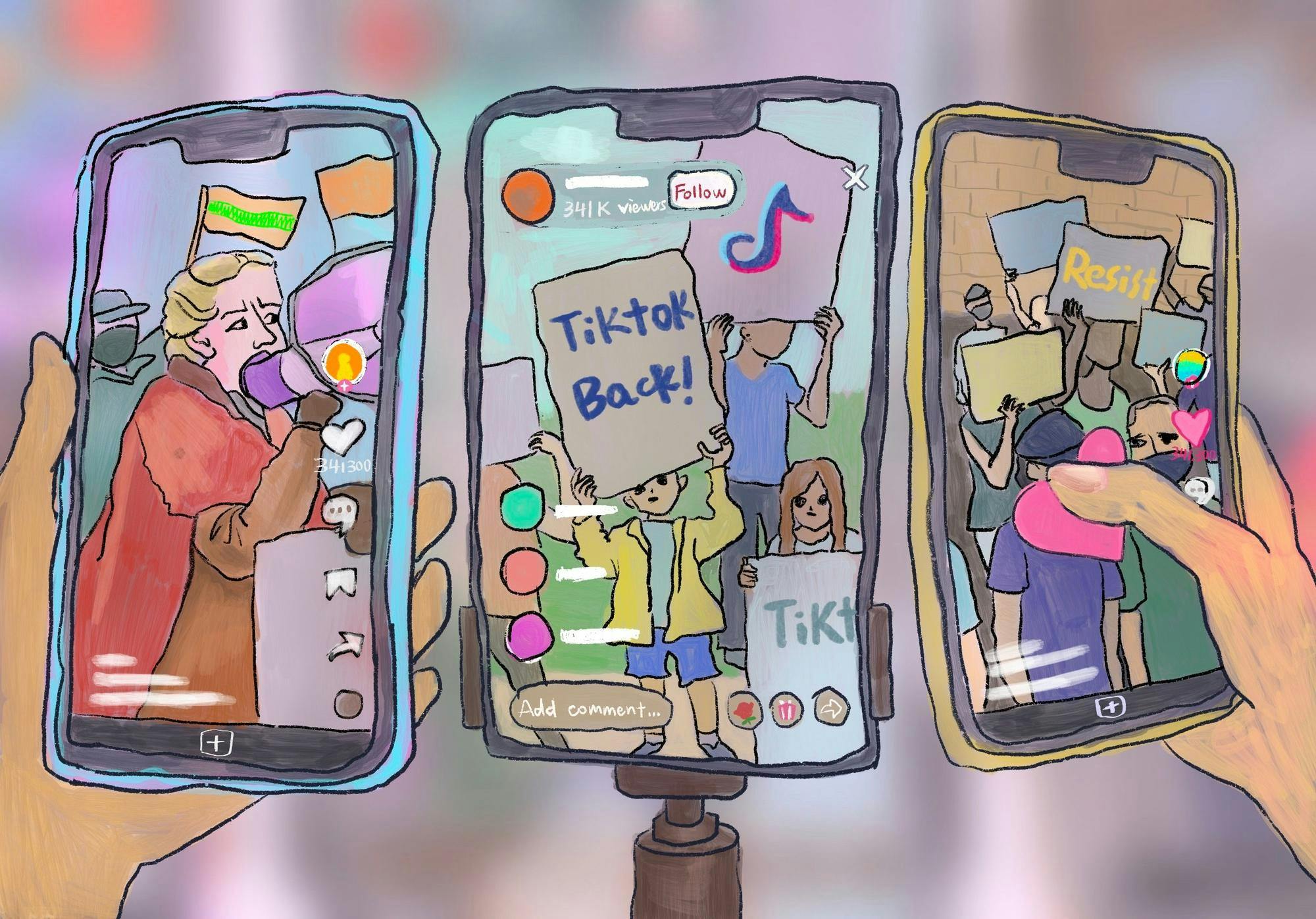 Three phones display different TikTok videos --- all featuring protests about bringing back the app.