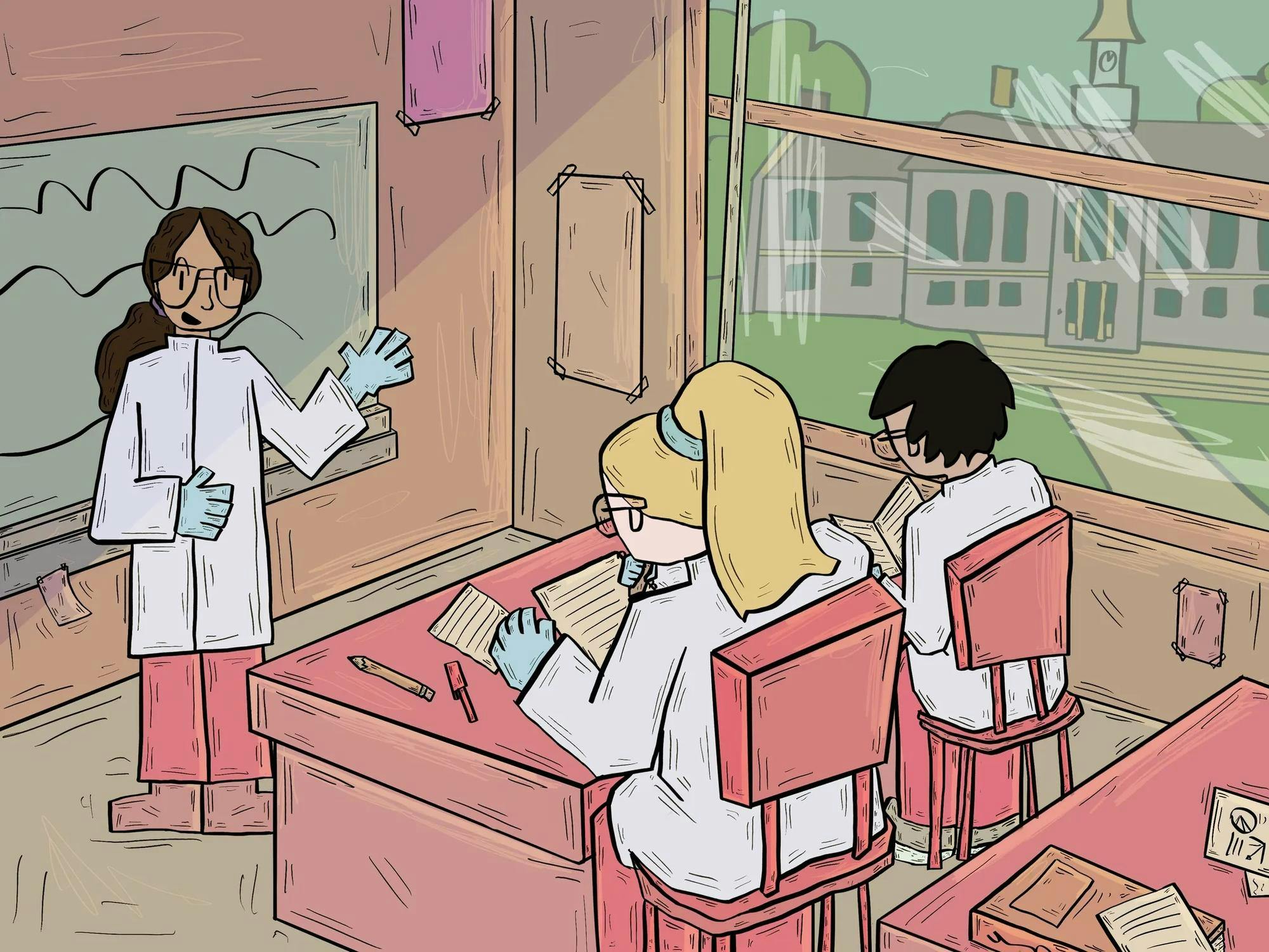 Illustration of a medical school classroom with a teacher at the front of class and students taking notes at their desks, all of them dressed in lab coats and gloves. 
