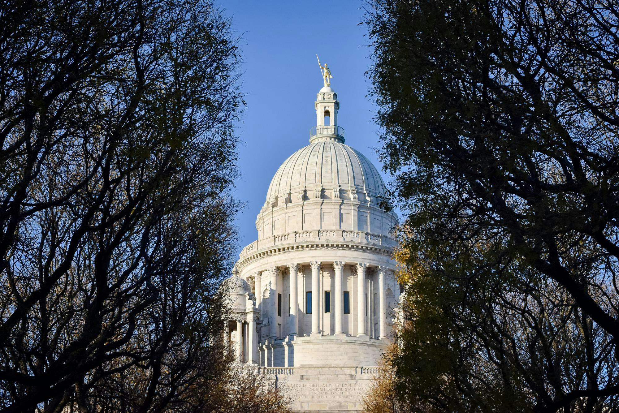 The dome of the Rhode Island State House through trees