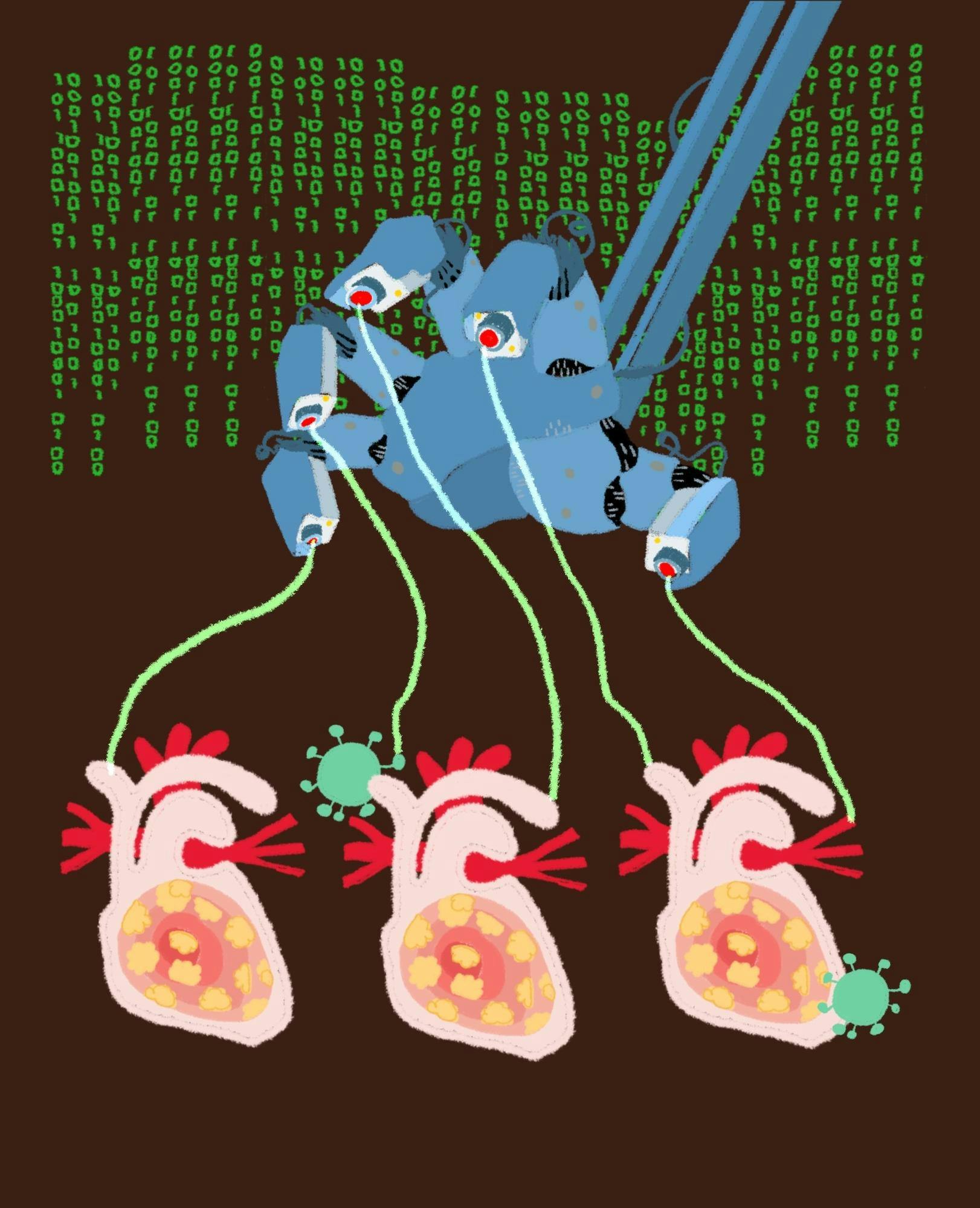 Illustration of a robotic hand with green tendrils coming out of its fingers and attaching to three hearts at the bottom of the screen. There are green numbers in the background and drawings of germs at the bottom.
