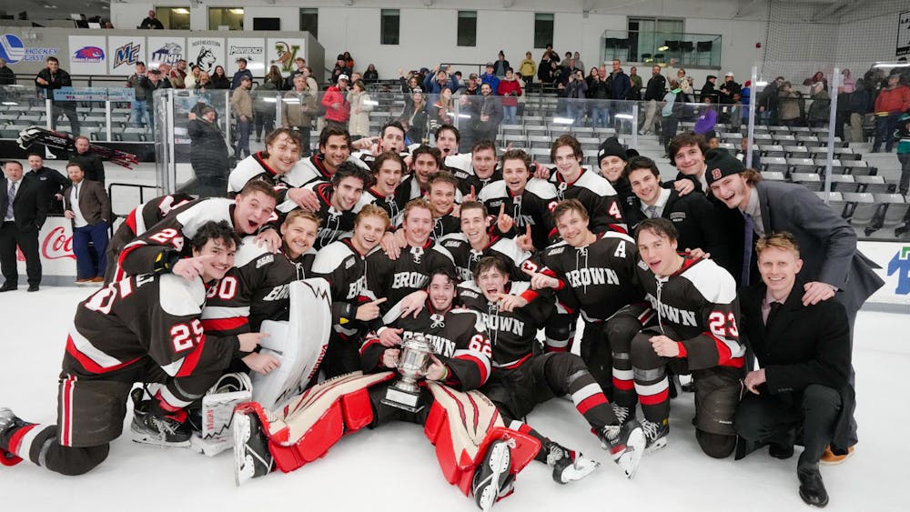 <p>Men’s hockey defeated crosstown rival No. 8 Providence College 3-2 on Saturday night, marking the first time Brown has won the Mayor’s Cup Trophy in almost seven years.</p><p>Courtesy of David Silverman via Brown Athletics</p>