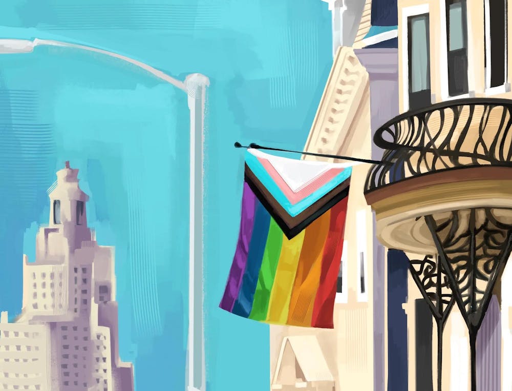 Illustration of a pride flag hanging in front of a building with a bright blue sky in the background that also shows a drawing of an iconic stone Providence, Rhode Island skyscraper.