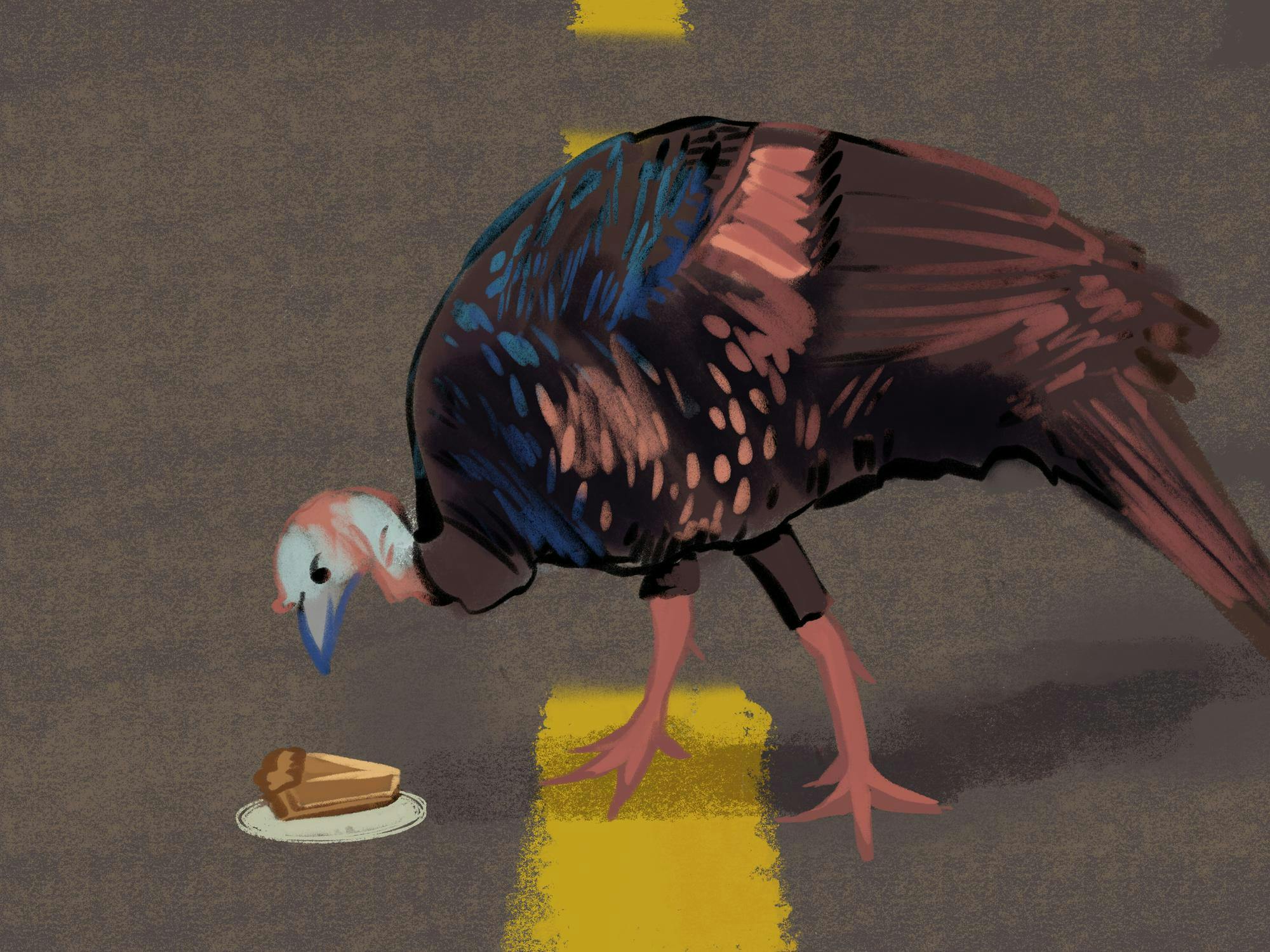A turkey walking on a road, staring down at a piece of pie sitting in the road.