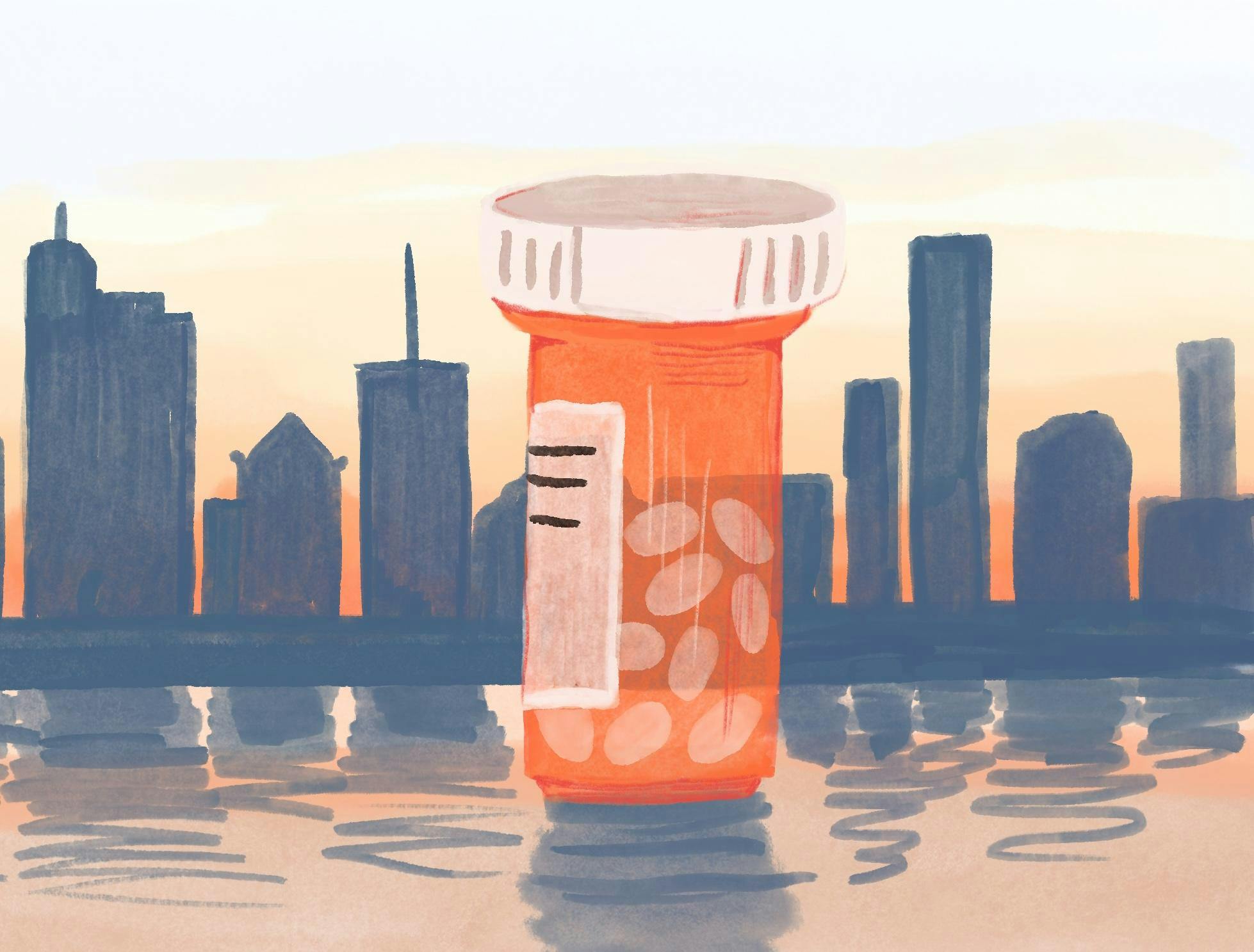 Illustration of a closed orange pill bottle containing white pills in front of a city skyline at sunset.