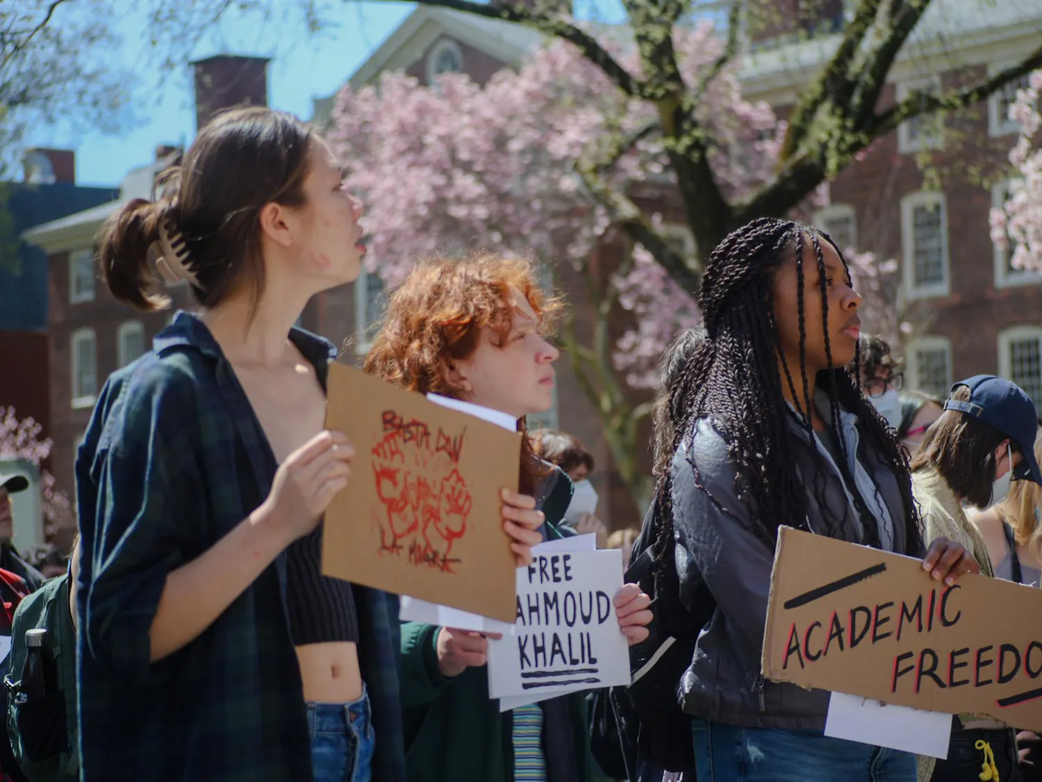 Photo of protest on the Main Green with protestors holding carboard signs. One reads "ACADEMIC FREEDOM." Another reads "Free Mahmoud Khalil"
