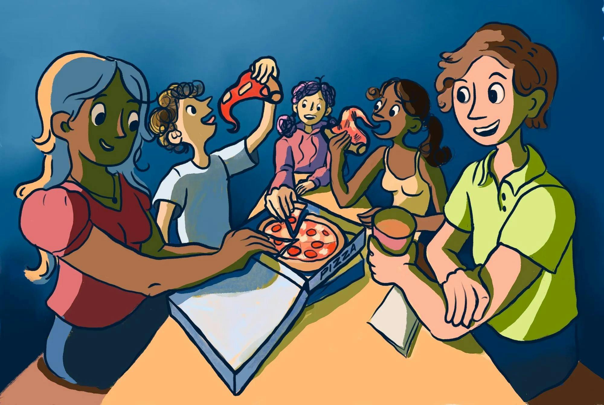 Illustration of people sitting at table eating pizza.
