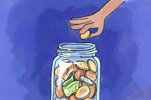 Illustration of a person’s hand dropping a coin into a jar filled with money.