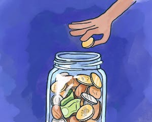 Illustration of a person’s hand dropping a coin into a jar filled with money.