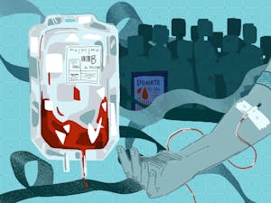 Teal illustration of a person donating their blood. On the left hovers a contrasting red blood bag. 
