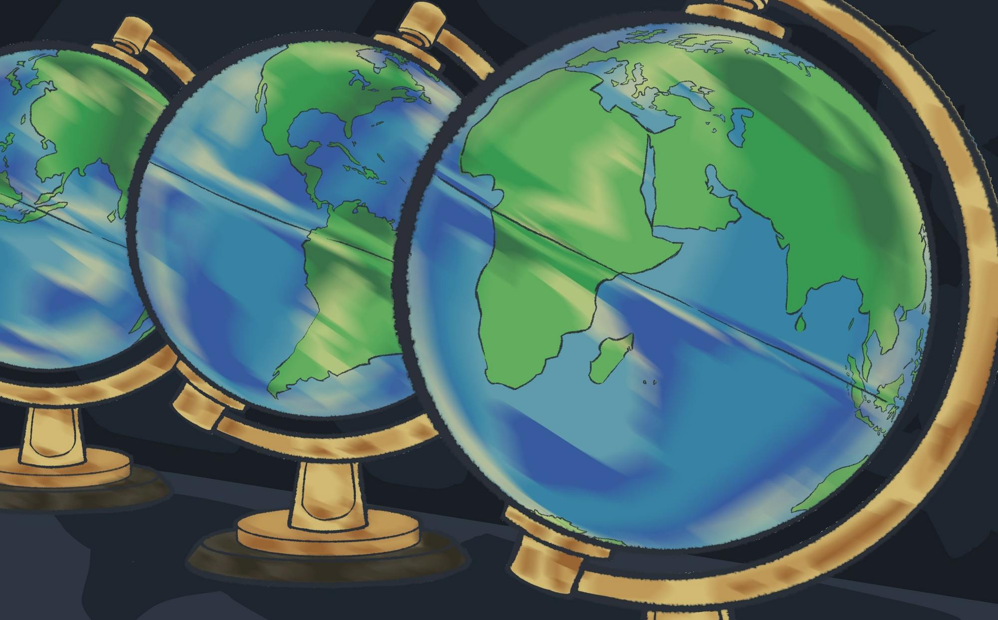 An illustration of a globe repeated three times in a line.