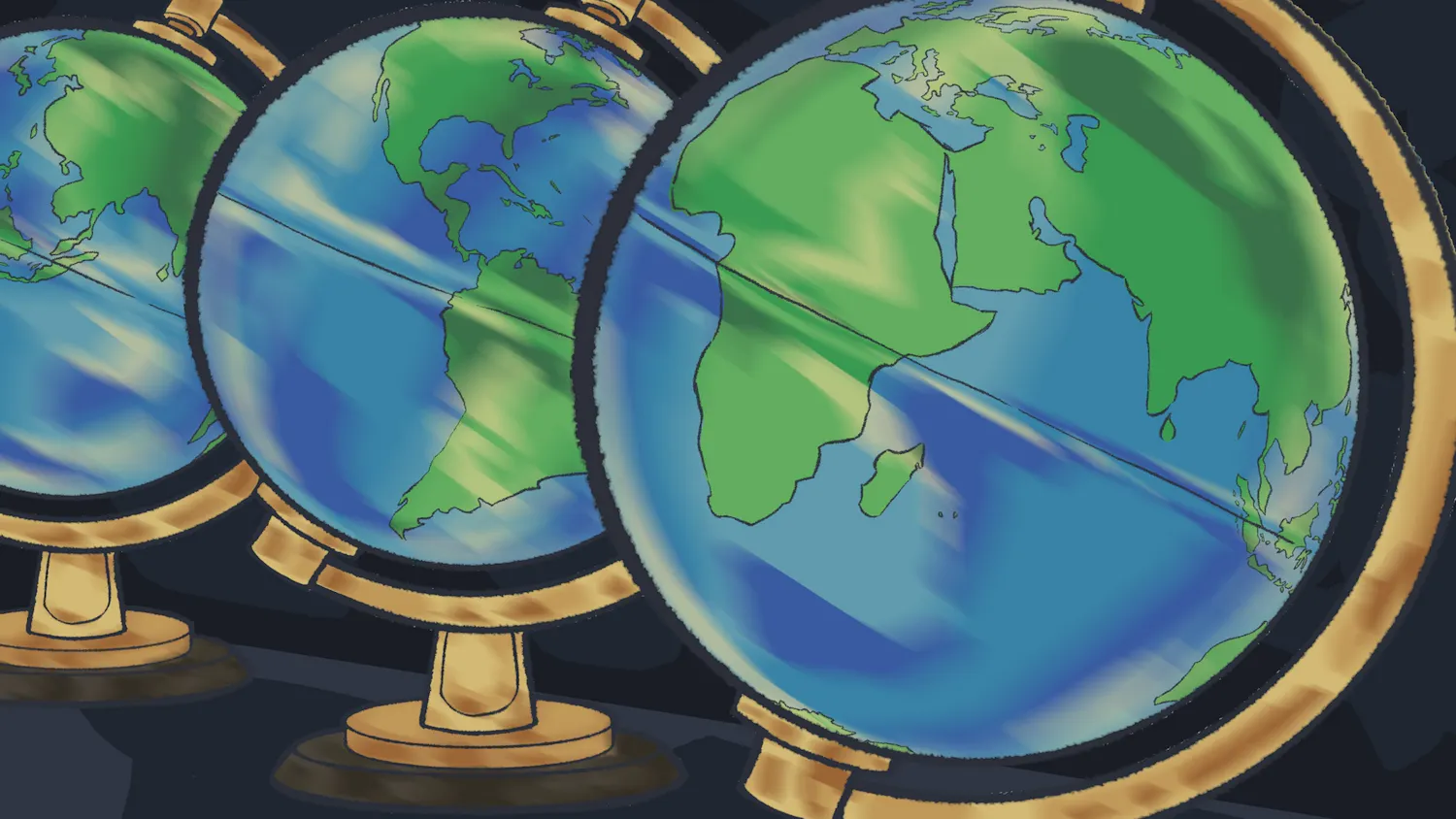 An illustration of a globe repeated three times in a line.