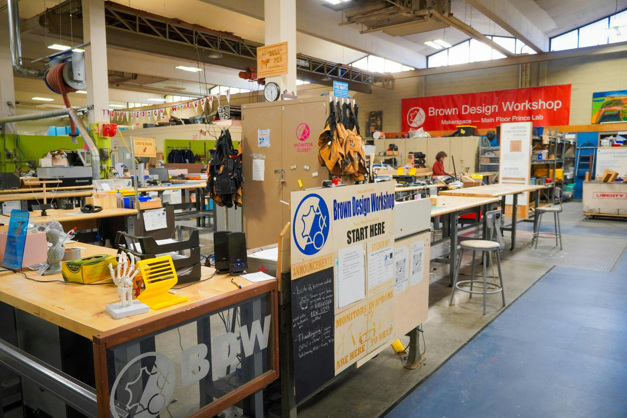 The Brown Design Workshop with equipments on tables.