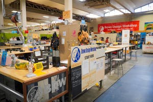 The Brown Design Workshop with equipments on tables.
